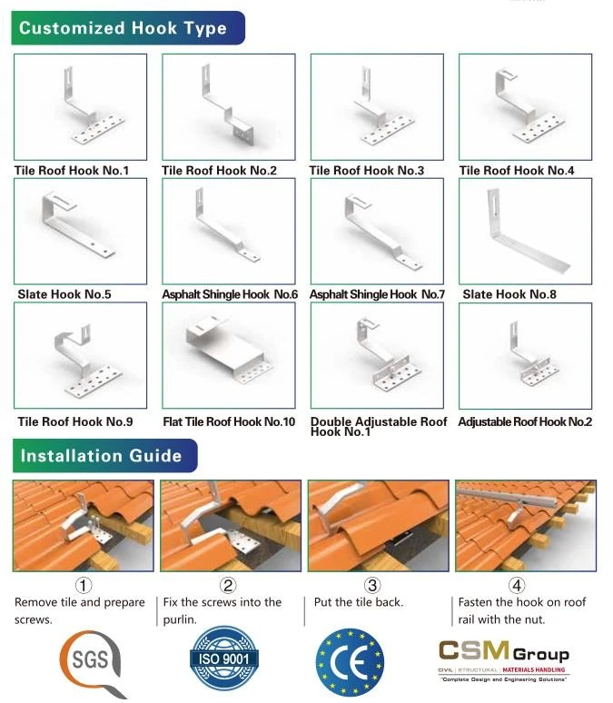 Stainless Steel Solar Panel Mounting Bracket Tile Solar Roof Hook